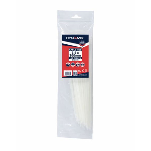 DYNAMIX DY2003N - 3.6 x 200mm Natural Cable Ties Pack of 100 180N/18.3kgs Tensile Strength