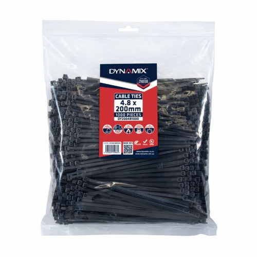 DYNAMIX DY2004B1000 - 4.8 x 200mm UV Black Cable Ties Pack of 1000 230N/23.4kgs Tensile Strenght