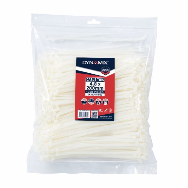 DYNAMIX DY2004N1000 - 4.8 x 200mm Natural Cable Ties Pack of 1000 230N/23.4kgs Tensile Strength