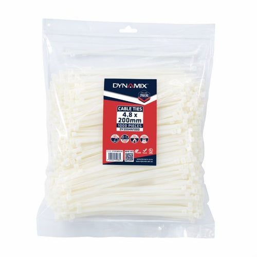 DYNAMIX DY2004N1000 - 4.8 x 200mm Natural Cable Ties Pack of 1000 230N/23.4kgs Tensile Strength
