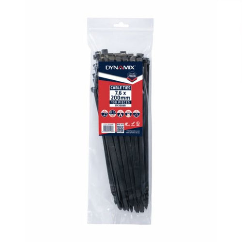DYNAMIX DY2008B - 7.6 x 200mm UV Black Cable Ties Pack of 100 540N/55.1kgs Tensile Strength