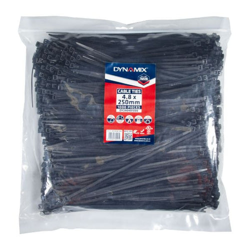 DYNAMIX DY2404B1000 - 4.8 x 250mm UV Black Cable Ties Pack of 1000 230N/23.4kgs Tensile Strenght