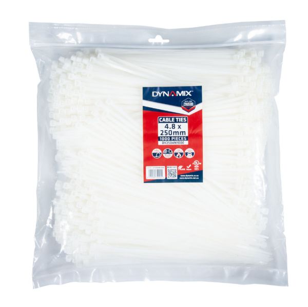 DYNAMIX DY2504N1000 - 4.8 x 250mm Natural Cable Ties Pack of 1000 230N/23.4kgs Tensile Strenght
