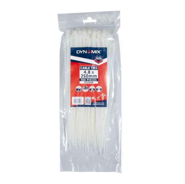 DYNAMIX DY2504N - 4.8 x 250mm Natural Cable Ties Pack of 100 230N/23.4kgs Tensile Strenght