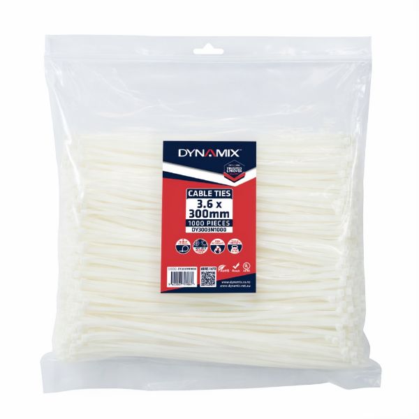DYNAMIX DY3003N1000 - 3.6 x 300mm Natural Cable Ties Pack of 1000 180N/18.3kgs Tensile Strength