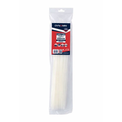 DYNAMIX DY3003N - 3.6 x 300mm Natural Cable Ties Pack of 100 180N/18.3kgs Tensile Strength