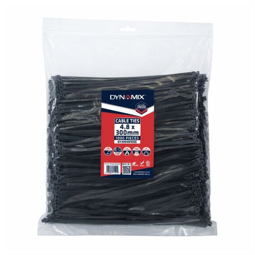 DYNAMIX DY3004B1000 - 4.8 x 300mm UV Black Cable Ties Pack of 1000 230N/23.4kgs Tensile Strength