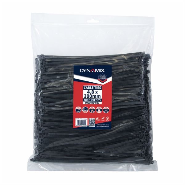 DYNAMIX DY3004B1000 - 4.8 x 300mm UV Black Cable Ties Pack of 1000 230N/23.4kgs Tensile Strength