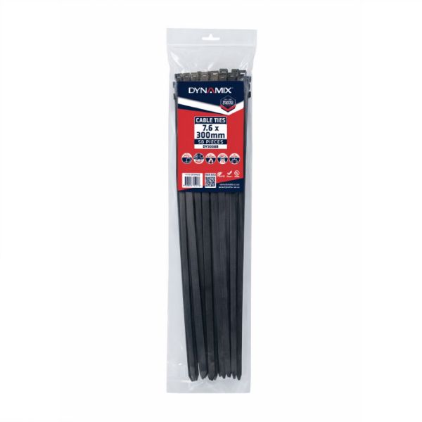 DYNAMIX DY3008B - 7.6 x 300mm UV Black Cable Ties Pack of 50 540N/55.1kgs Tensile Strength