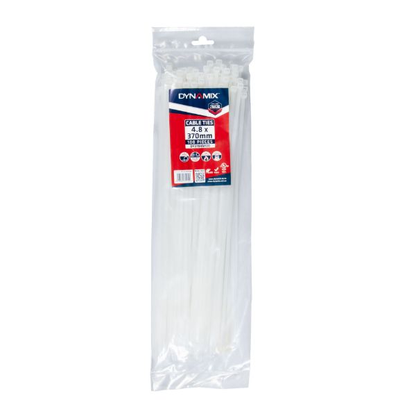 DYNAMIX DY3704N100 - 4.8 x 370mm Natural Cable Ties Pack of 100 230N/23.4kgs Tensile Strength