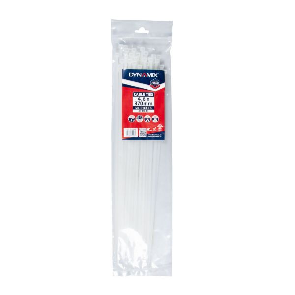 DYNAMIX DY3704N - 4.8 x 370mm Natural Cable Ties Pack of 50 230N/23.4kgs Tensile Strength