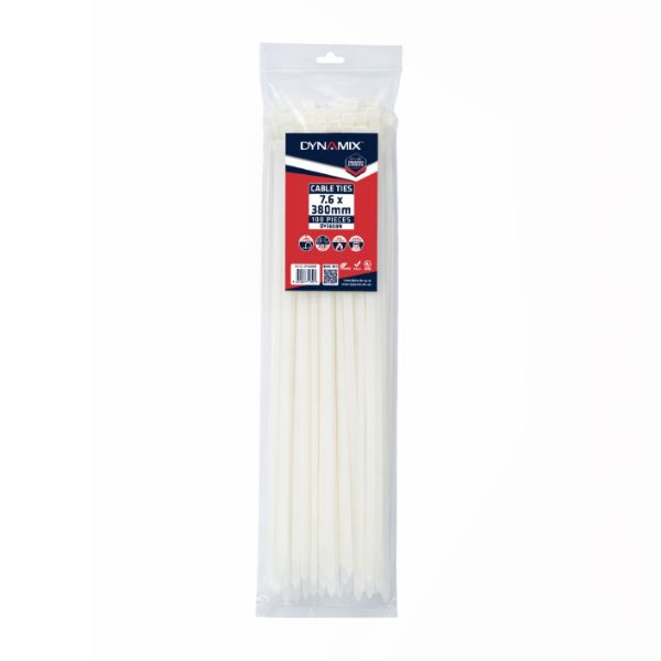 DYNAMIX DY3808N - 7.6 x 380mm Natural Cable Ties Pack of 100 540N/55.1kgs Tensile Strength