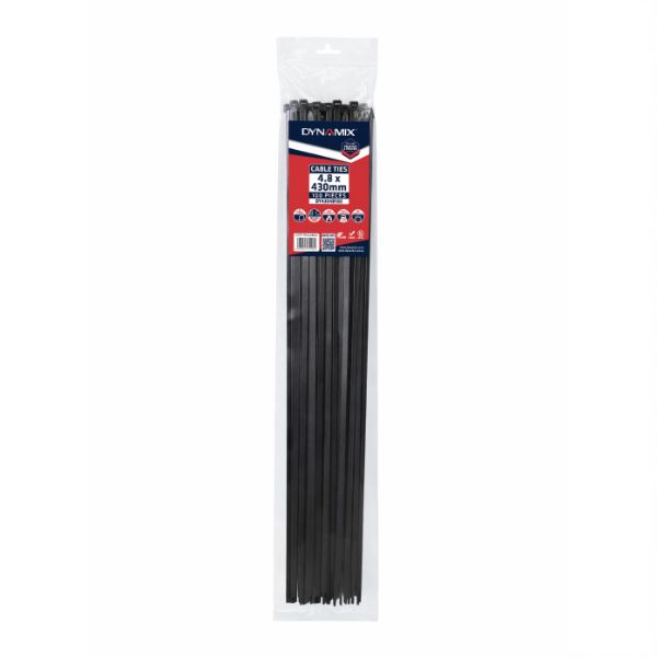 DYNAMIX DY4304B100 - 4.8 x 430mm UV Black Cable Ties Pack of 100 230N/23.4kgs Tensile Strength