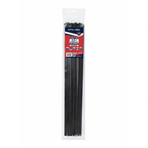 DYNAMIX DY4304B100 - 4.8 x 430mm UV Black Cable Ties Pack of 100 230N/23.4kgs Tensile Strength