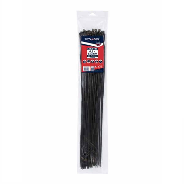 DYNAMIX DY4304B - 4.8 x 430mm UV Black Cable Ties Pack of 50 230N/23.4kgs Tensile Strenght