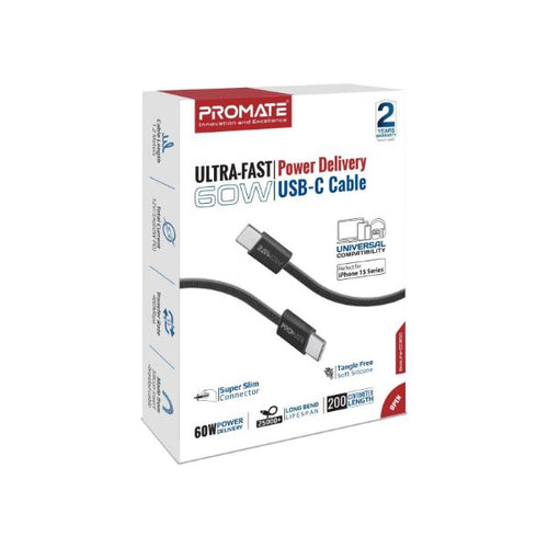 ECOLINE-CC200-BK - PROMATE ECOLINE-CC200-BK - 2m USB-C to USB-C Cable w/ Fabric Braided Cable Supports 60W PD Black