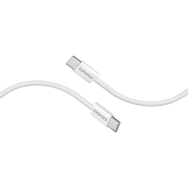 PROMATE ECOLINE-CC200-WH - 2m USB-C to USB-C Cable w/ Fabric Braided Cable. Supports 60W PD. 25000+ Bend