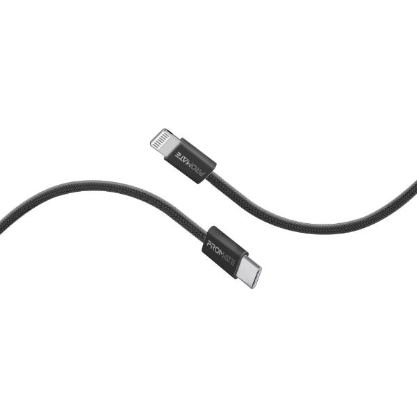 PROMATE ECOLINE-CI120-BK - 1.2m 27W PD USB-C to Lightning Connector Cable. Fabric Braided Cable