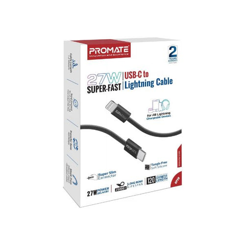 ECOLINE-CI120-BK - PROMATE ECOLINE-CI120-BK - 1.2m 27W PD USB-C to Lightning Connector Cable. Fabric Braided Cable