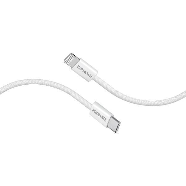PROMATE ECOLINE-CI120-WT - 1.2m 27W PD USB-C to Lightning Connector Cable. Fabric Braided Cable