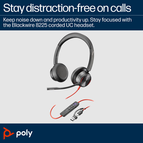 Poly Blackwire 8225 Stereo Microsoft Teams Certified USB-C Headset+USB-C/A Adptr