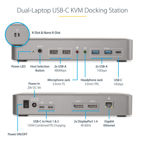 STARTECH.COM DUAL-LAPTOP USB-C KVM DOCKING STATION, DUAL 4K60HZ DP, GBE, PD 3 YR