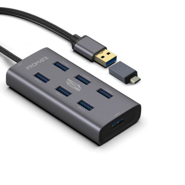 PROMATE EZHUB-7-GRY - Powered USB Hub w/ 7x USB 3.0 Ports Plus Add USB-C Adaptor Aluminium Alloy