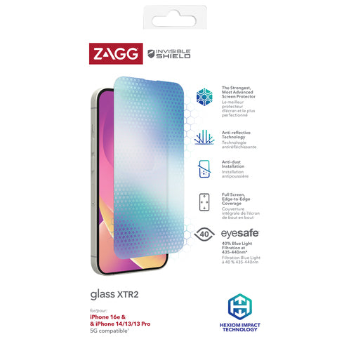 ZAGG InvisibleShield Glass XTR2 AM Screen Protector iPhone 17e, 16e, 14, 13 Pro, 13