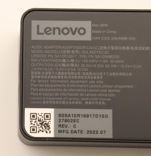 IBM Power Adapter AC 65W 20VDC 3.25A USB Type-C Output - C6 3-Pin AC Input - FRU