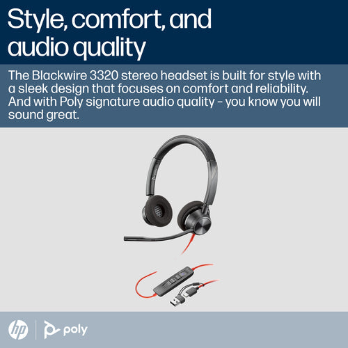 HP 8X220AA - Poly Blackwire 3320 Stereo Microsoft Teams Certified USB-C Headset +USB-C/A Adapter