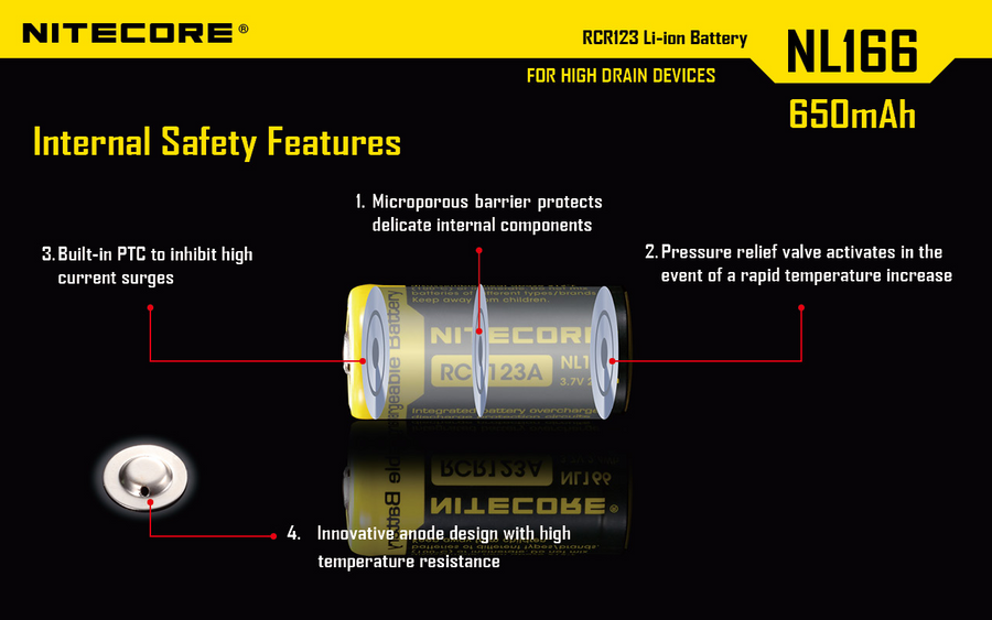 NL166 - NITECORE LI-ION RECHARGEBALE BATTERY RCR123A (3.7V; 650mAh)