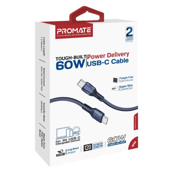 PROMATE FLETCHLINK-CC-BL - 1.2m 60W PD USB-C to USB-C Tough-Built Cable. Supports up to 480Mbps Slim