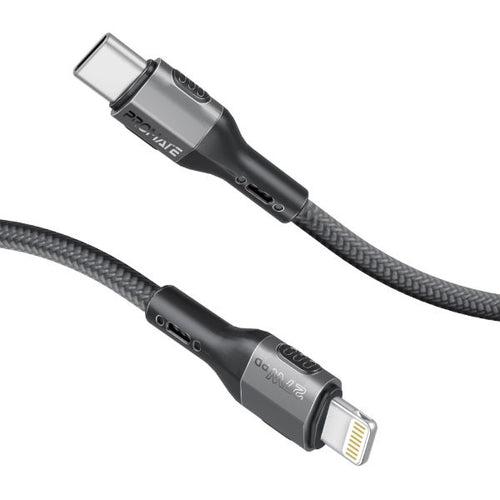 FLETCHLINK-CI-BK - PROMATE FLETCHLINK-CI-BK - 1.2m 27W PD USB-C to Lightning Tough-Built Cable. Supports up to 480Mbps Slim
