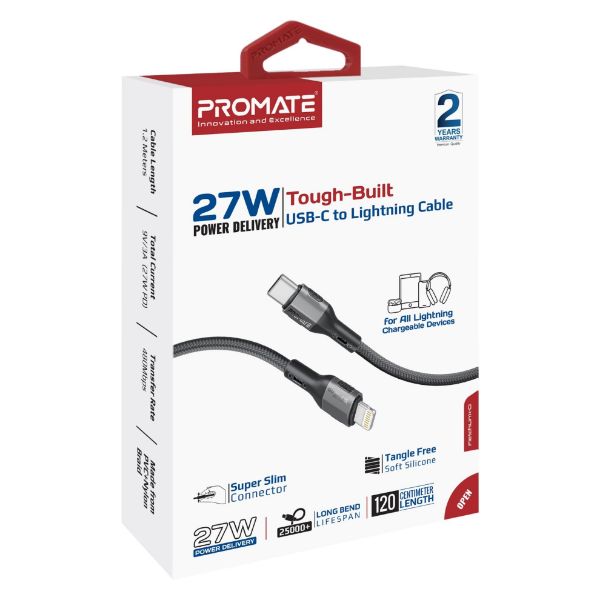 PROMATE FLETCHLINK-CI-BK - 1.2m 27W PD USB-C to Lightning Tough-Built Cable. Supports up to 480Mbps Slim