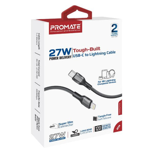 FLETCHLINK-CI-BK - PROMATE FLETCHLINK-CI-BK - 1.2m 27W PD USB-C to Lightning Tough-Built Cable. Supports up to 480Mbps Slim