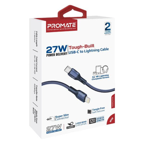 FLETCHLINK-CI-BL - PROMATE FLETCHLINK-CI-BL - 1.2m 27W PD USB-C to Lightning Tough-Built Cable. Supports up to 480Mbps Slim
