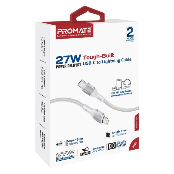 PROMATE FLETCHLINK-CI-GR - 1.2m 27W PD USB-C to Lightning Tough-Built Cable. Supports up to 480Mbps Slim