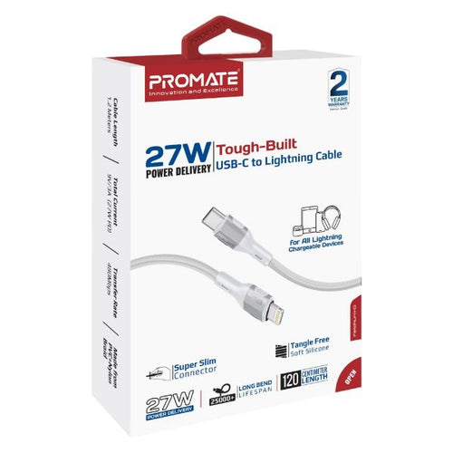 FLETCHLINK-CI-GR - PROMATE FLETCHLINK-CI-GR - 1.2m 27W PD USB-C to Lightning Tough-Built Cable. Supports up to 480Mbps Slim