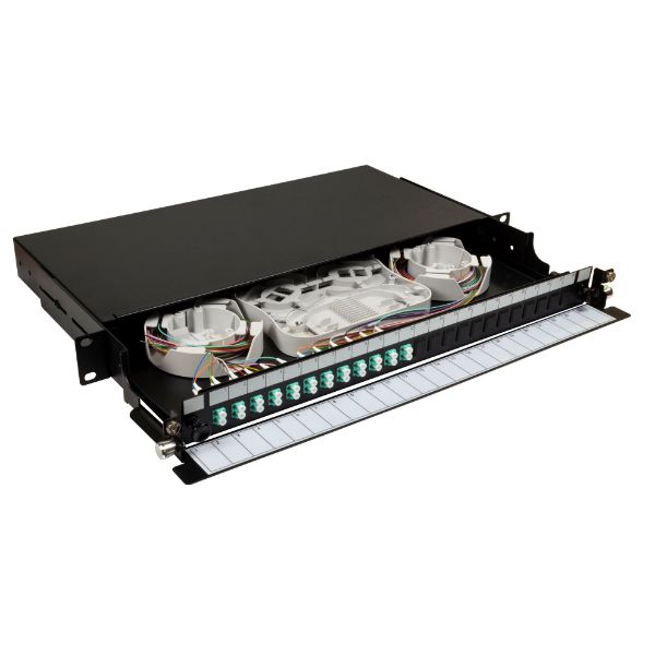 DYNAMIX FPP24SF-L124QO4 - 19'' 1U Fibre Tray 24C LC MM Fully Loaded 24x LC Elite OM4 Pigtails 12x LC Duplex Aqua