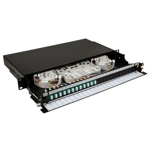 FPP24SF-L124QO4 - DYNAMIX FPP24SF-L124QO4 - 19'' 1U Fibre Tray 24C LC MM Fully Loaded 24x LC Elite OM4 Pigtails 12x LC Duplex Aqua