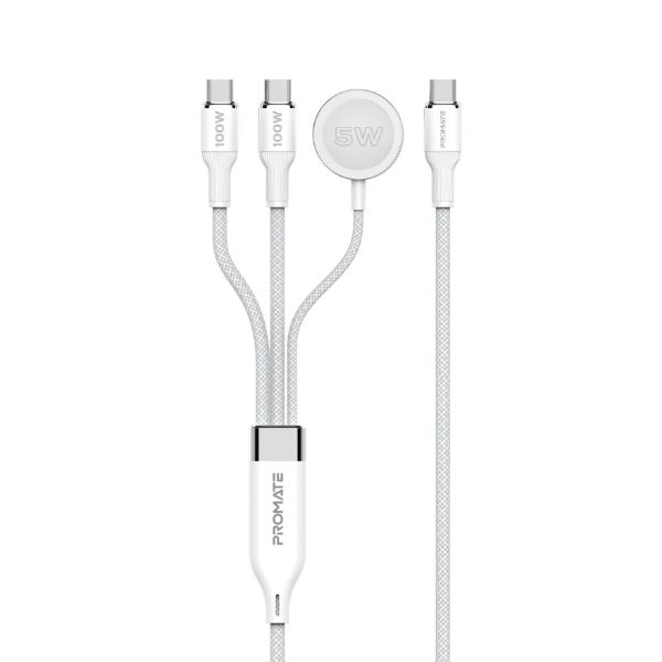 PROMATE FUSION-CCW-WHT - 1.4m 100W High-Speed Multi Device Charging Cable w/ Apple Watch Charger. 2x 100W PD USBC