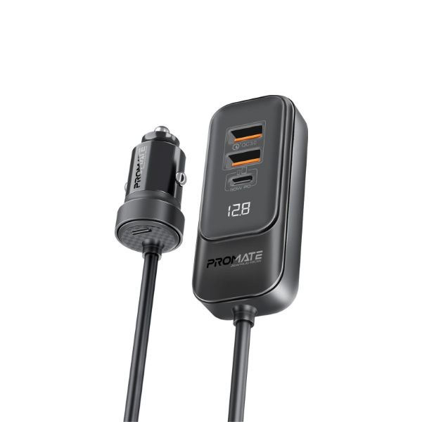 PROMATE GEARHUB-120W - 120W In-Car Device Charger Backseat 3 Port Charging Hub. Includes 2x USB-C & 2x USB-A