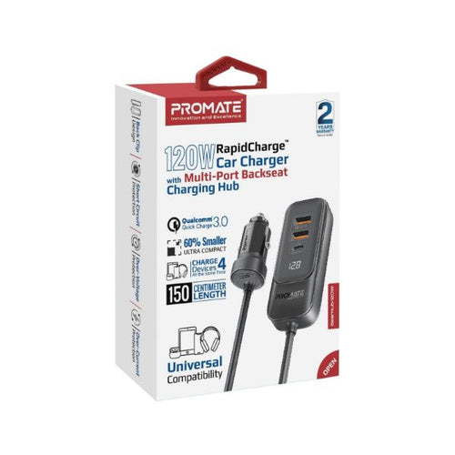 GEARHUB-120W - PROMATE GEARHUB-120W - 120W In-Car Device Charger Backseat 3 Port Charging Hub. Includes 2x USB-C & 2x USB-A
