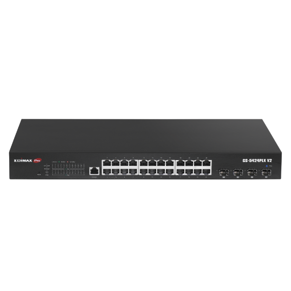 EDIMAX GS-5424PLXV2 - 24 Port Gigabit PoE+ Web Smart Surveillance Switch w/ 4 Port 10GbE SFP+ Uplinks.