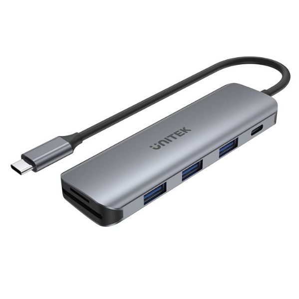 Unitek H1107C - 6-in-1 Multi-Port Hub w/ USB-C Connector. 3 x USB-A Ports MicroSD Slots USB-C
