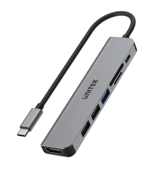 H1118A - UNITEK H1118A - 7-in-1 Multi-Port Hub w/ USB-C Connector. 3x USB-A Ports 1x HDMI MicroSD Slots