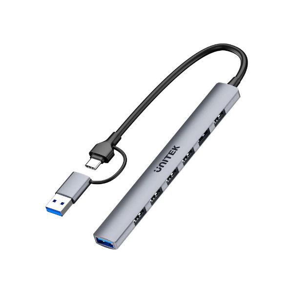 UNITEK H1209A - 7-in-1 USB Multi-port Super Slim Hub USB-C & A Connectors. Includes 6x USB-A 480Mbps
