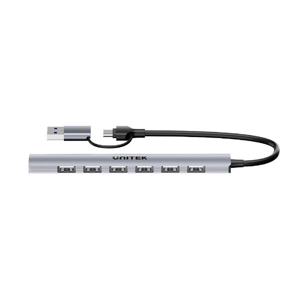 UNITEK H1209A - 7-in-1 USB Multi-port Super Slim Hub USB-C & A Connectors. Includes 6x USB-A 480Mbps