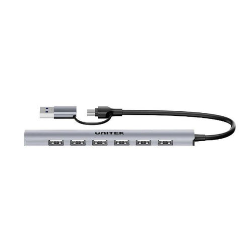 H1209A - UNITEK H1209A - 7-in-1 USB Multi-port Super Slim Hub USB-C & A Connectors. Includes 6x USB-A 480Mbps