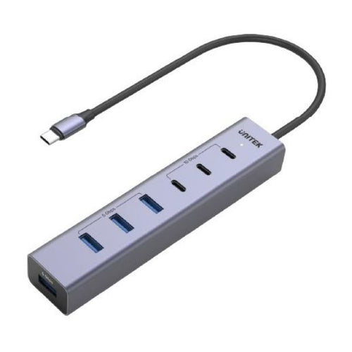 H1335A - UNITEK 7-in-1 Multi-Port Hub with USB-C Connector. Includes 4x USB-A & 3x USB-C Ports. Supports 10Gbps Transfer, Fast Charging, Slim Aluminium Design.